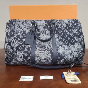 Louis Vuitton - Blue Monogram Tapestry Denim Keepall Bandouliere 50